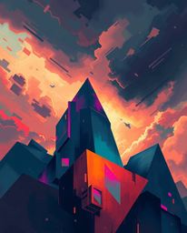 This striking digital painting features abstract shapes disrupted by glitch effects, fragmentation, and scanlines. Set agains