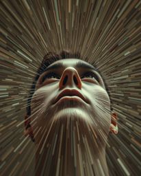 A captivating low-angle perspective showcases a human face undergoing a mesmerizing transformation into a digital data stream