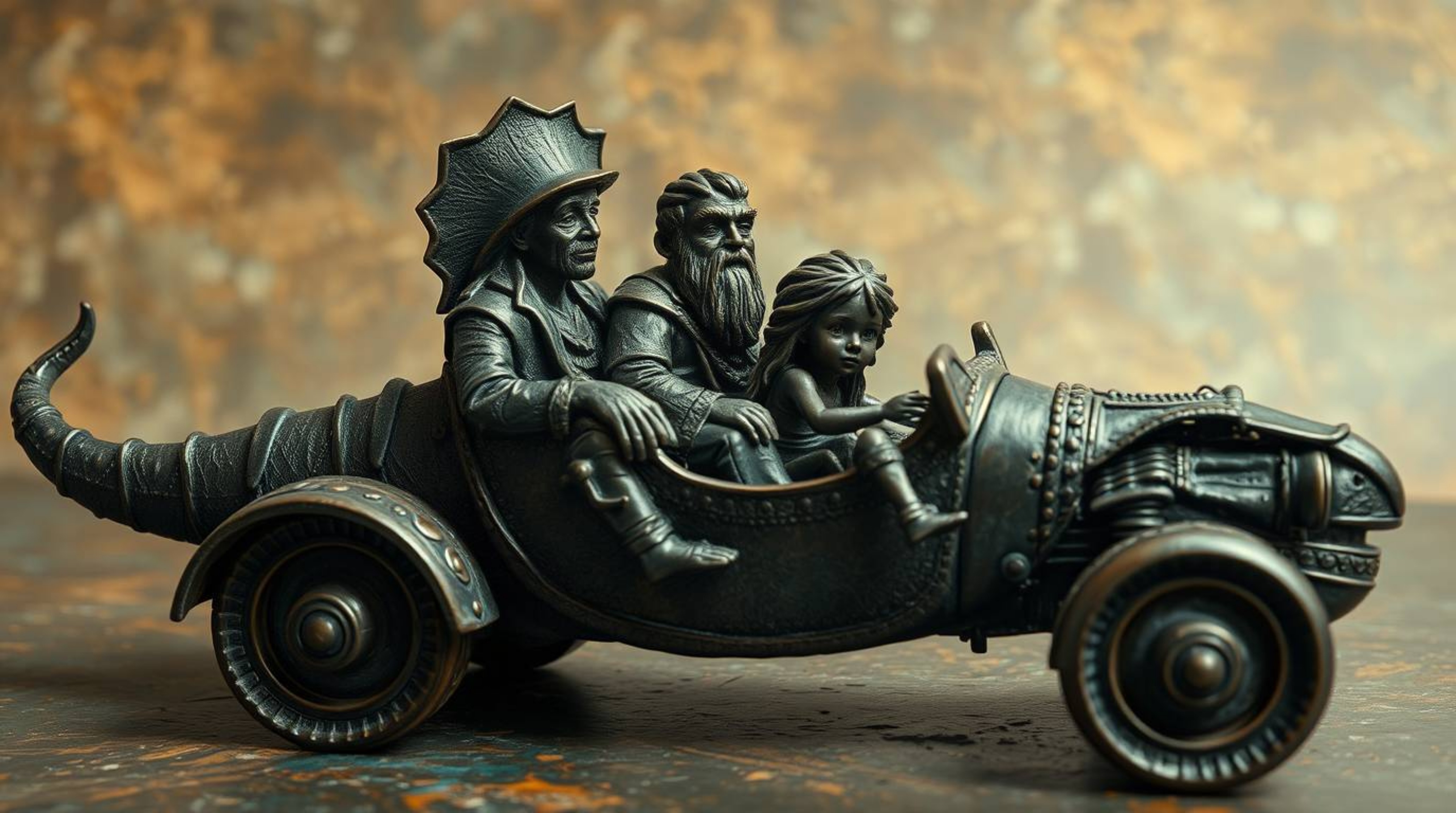 This artwork depicts a prehistoric family with serene expressions riding a dinosaur car, cast in bronze with an antique patin