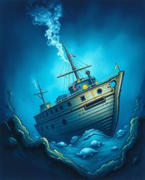 This captivating hand-drawn color sketchnote depicts a graceful and elegant shipwreck illuminated in the deep underwater. The