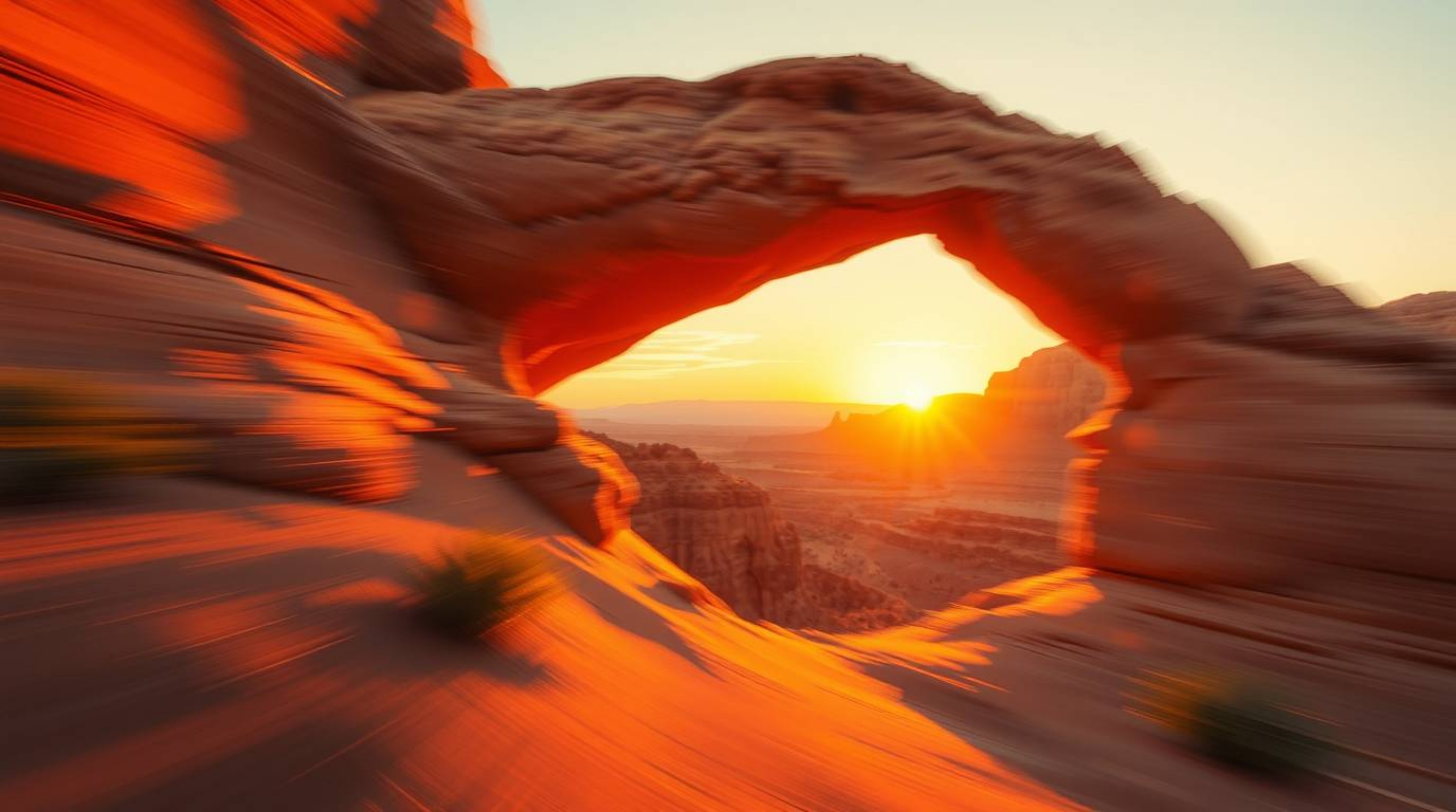 Experience the warmth of autumn in this dynamic digital painting capturing a vibrant sunset framed by a natural rock arch in 