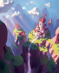 Experience a vibrant and enchanting world rendered in a modern flat design, featuring a colorful kingdom with breathtaking fl