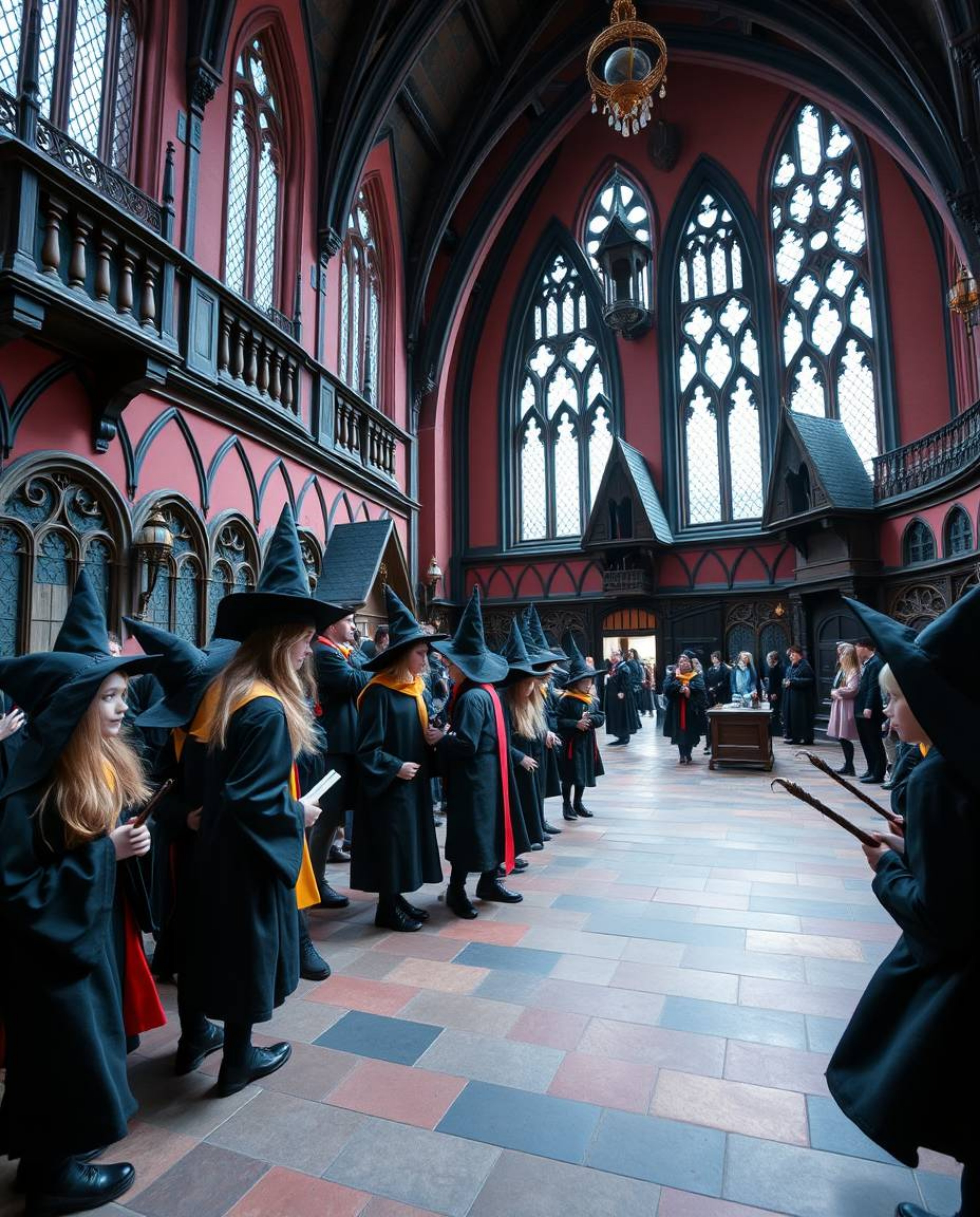 This photograph captures the enchanting essence of a magical school teeming with young wizards. The image showcases precise a