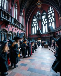 This photograph captures the enchanting essence of a magical school teeming with young wizards. The image showcases precise a