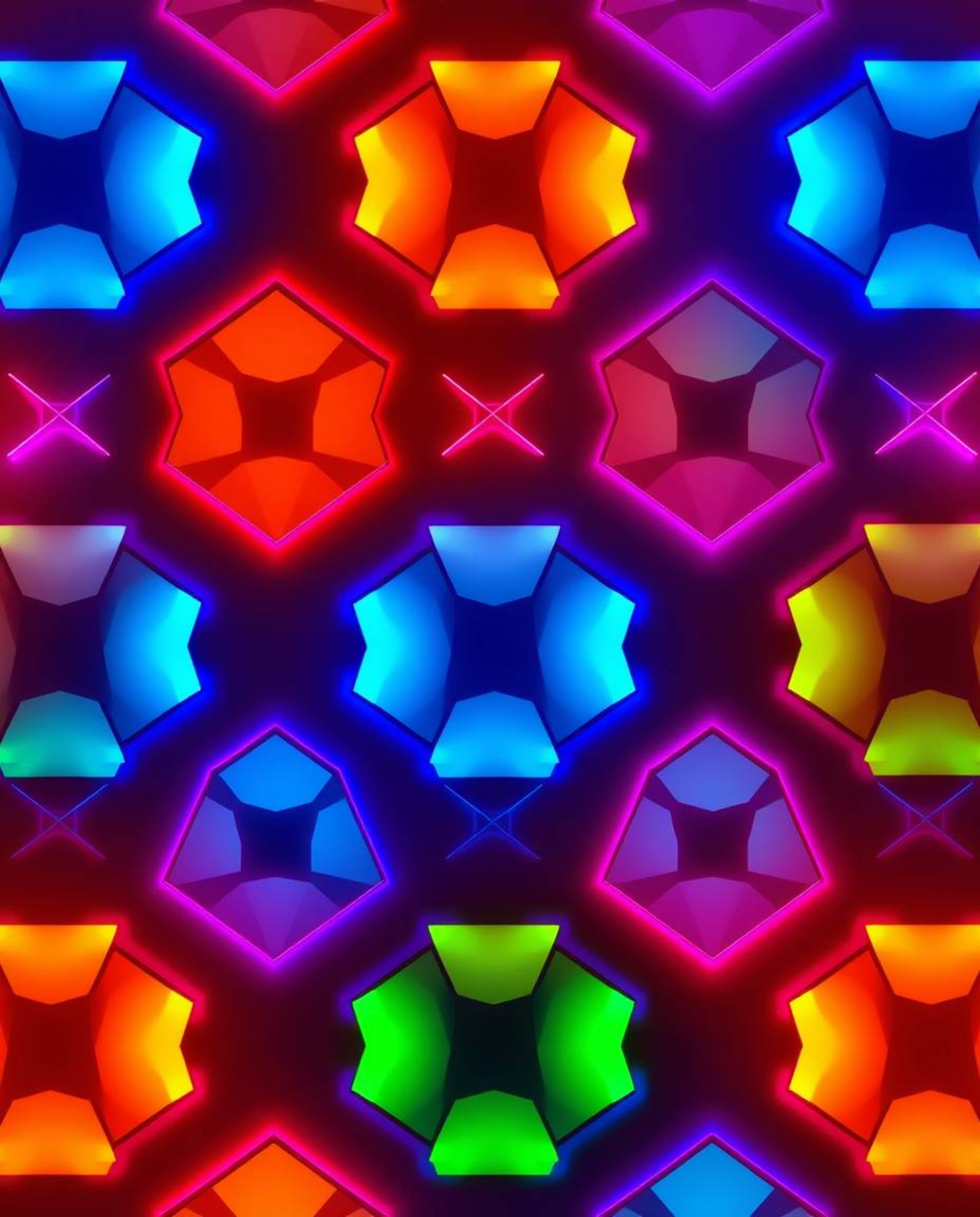 This modern flat design showcases a captivating seamless geometric pattern composed of hexagons and triangles, illuminated in