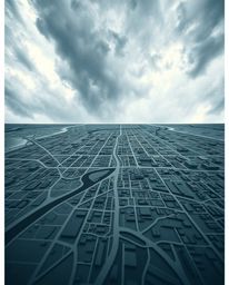 A dramatic low-angle perspective showcases an abstract city map constructed from geometric shapes, viewed from below against 
