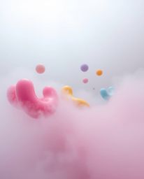 This abstract composition features adorable and charming, colorful 3D fluid shapes interacting with geometric forms, shrouded