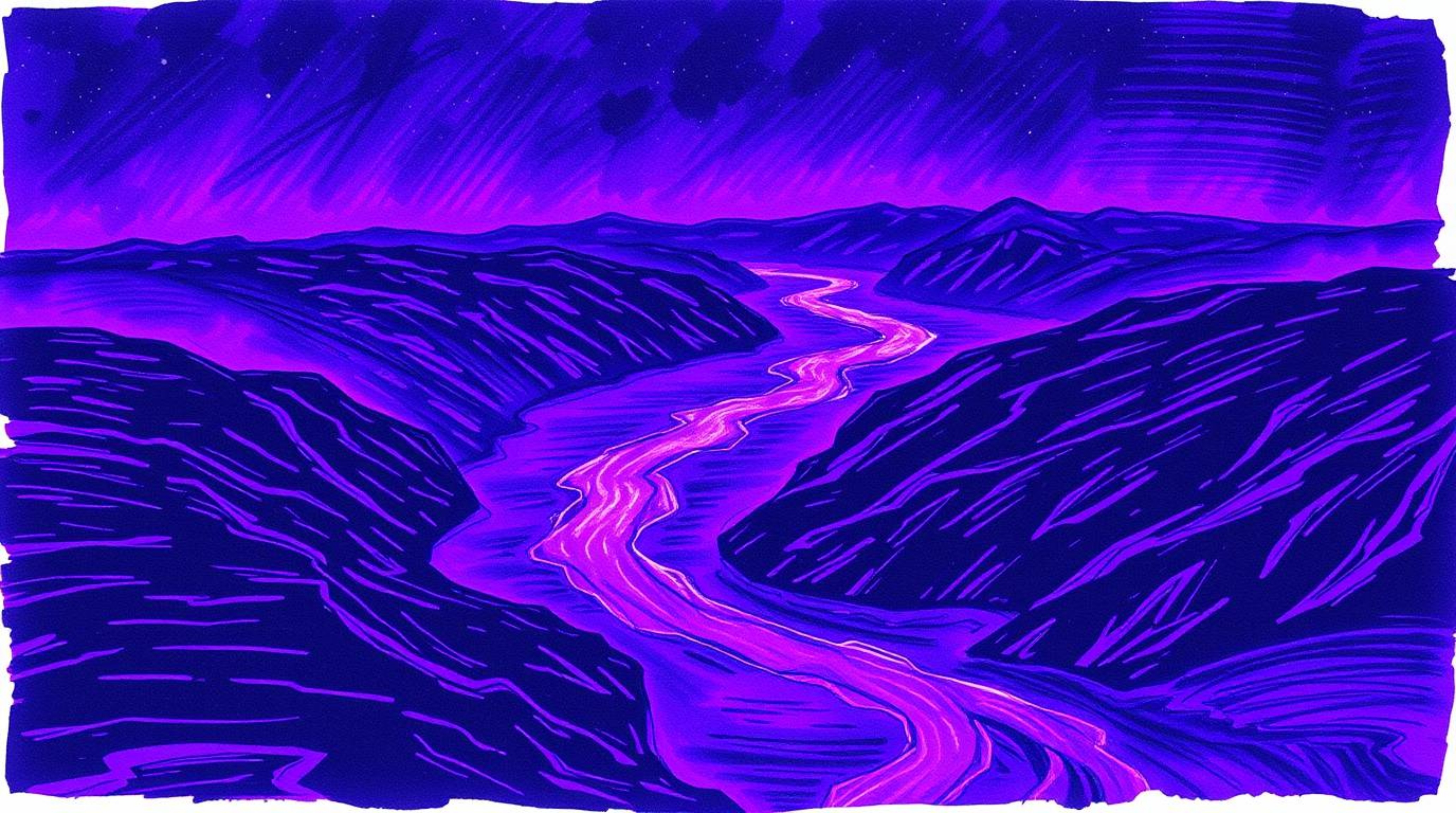Explore a captivating hand-drawn sketch of a river delta, illuminated by deep ultraviolet hues and accented with vivid purple