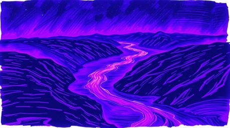 Explore a captivating hand-drawn sketch of a river delta, illuminated by deep ultraviolet hues and accented with vivid purple