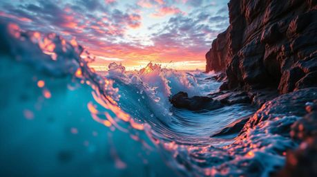 Experience the breathtaking beauty of nature with this extreme macro photograph. Witness the dramatic moment waves crash agai