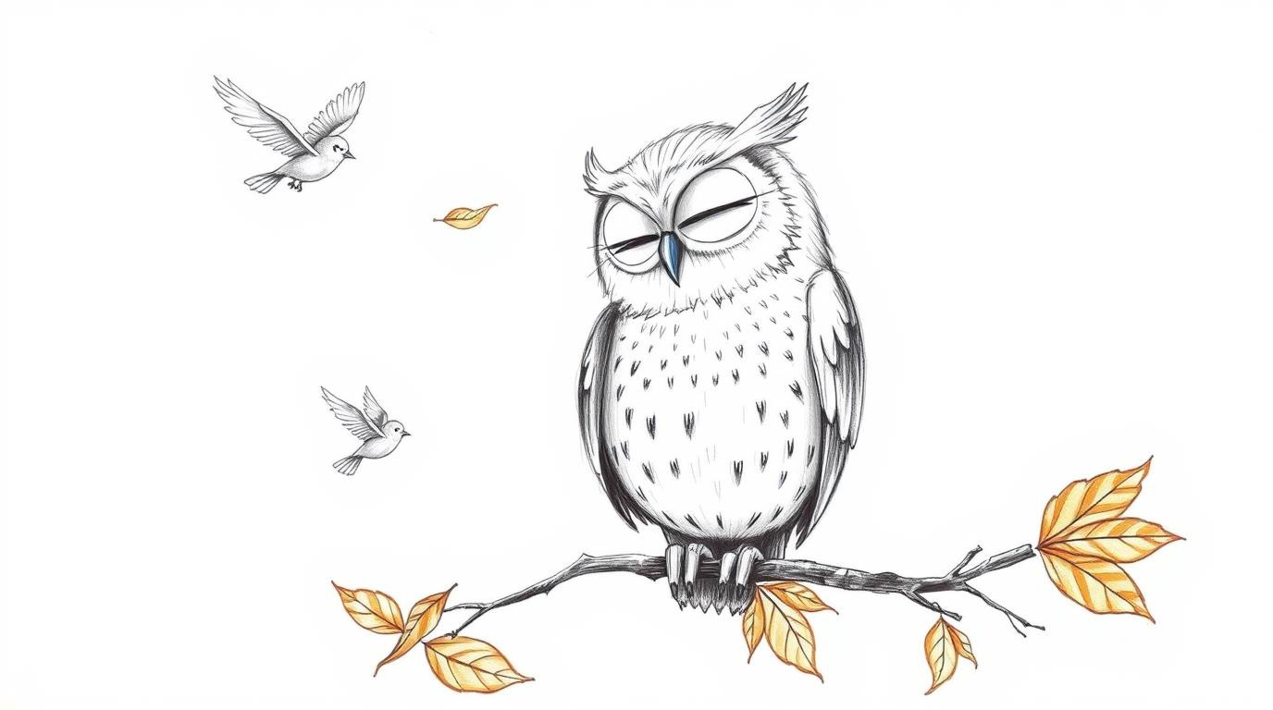 A heartwarming hand-drawn sketch in a Pixar-esque style depicts a wise, blind owl with soft feathers and a gentle expression.