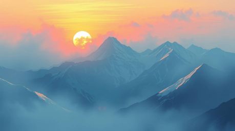 A stunning digital sketch depicts snow-covered mountains bathed in the ethereal glow of a pastel sunset. Rendered in a dramat