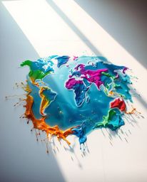 A captivating high-angle perspective shot illuminated by soft, gentle light showcases a world map formed from bright, vibrant