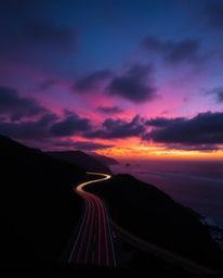 This artwork captures a sunset sky over a winding coastal highway in a strong, moody style. It is distinguished by its use of