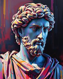 A bold and visually arresting acrylic painting featuring a classical sculpture dramatically corrupted by a colorful glitch ef