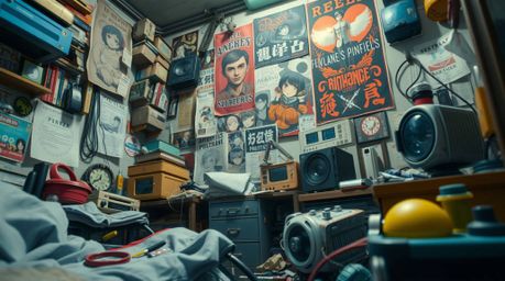 Dive into an extreme macro close-up, Isekai anime style, revealing a tiny detail within a chaotic bedroom overflowing with pe