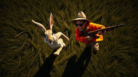A top-down image showcasing a wacky rabbit outrunning a hunter with slapstick humor. The scene is rendered in electric vivid 