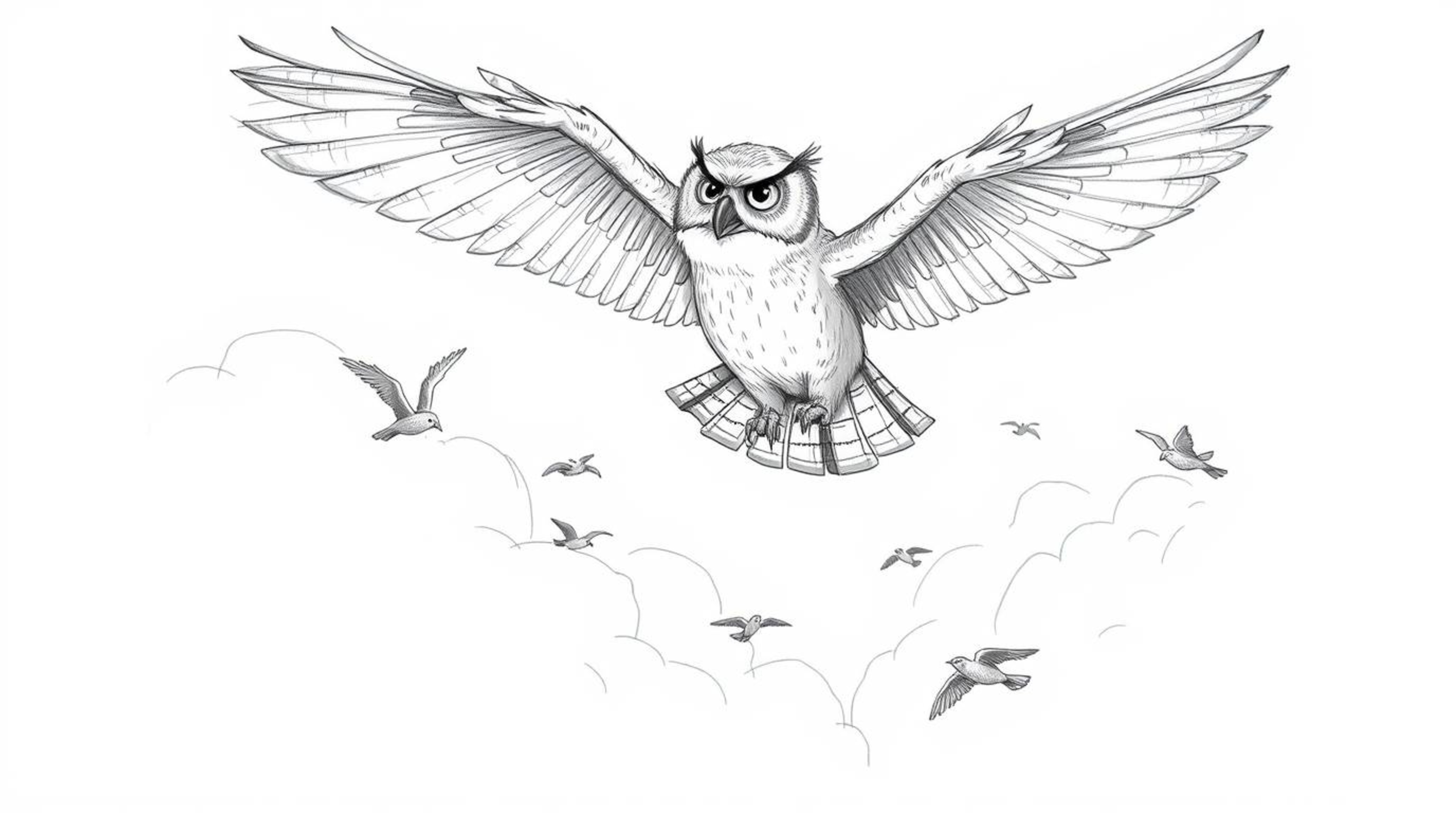 A heartwarming hand-drawn sketch in Pixar style depicting a blind owl with textured feathers, confidently soaring through flu