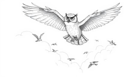 A heartwarming hand-drawn sketch in Pixar style depicting a blind owl with textured feathers, confidently soaring through flu
