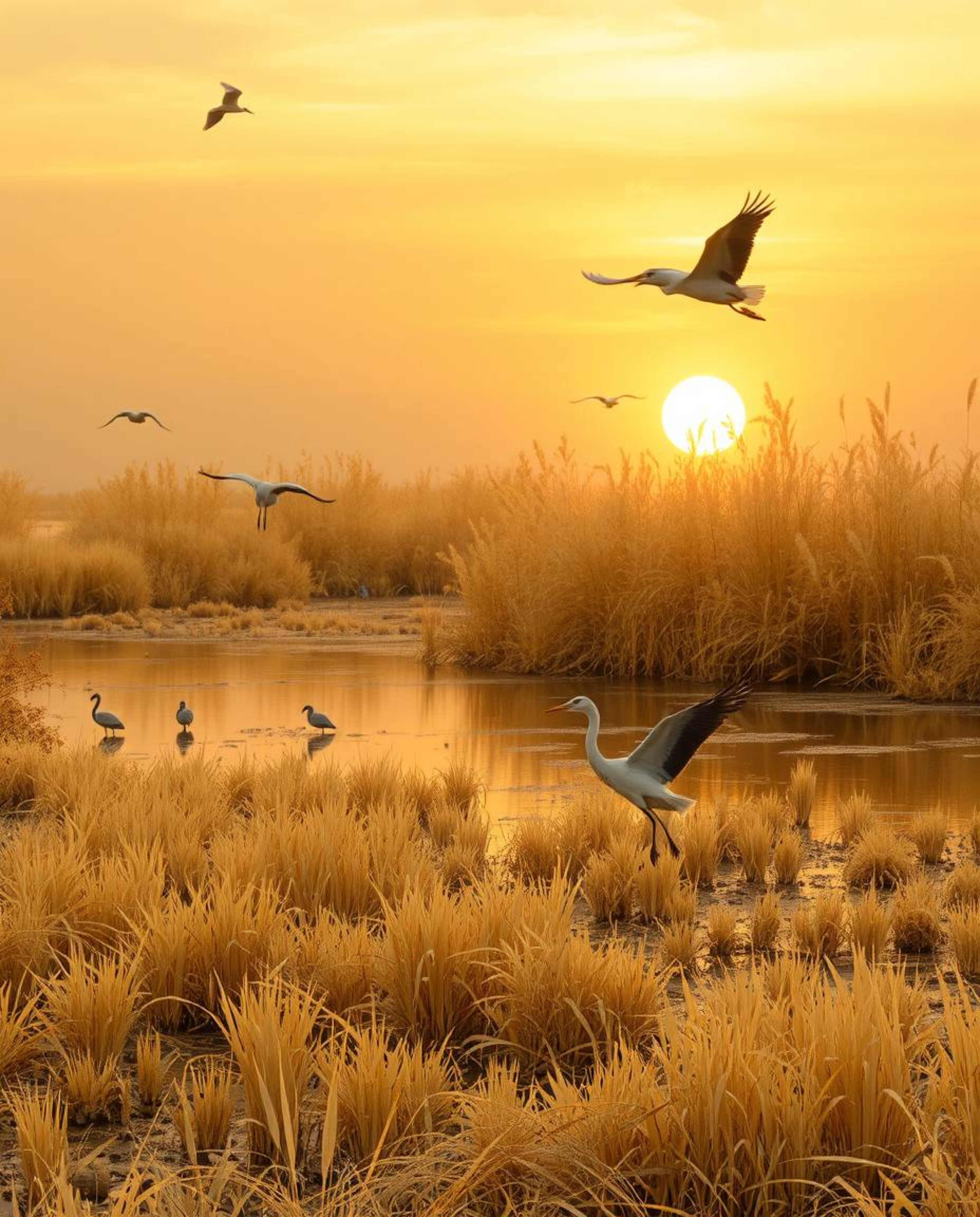 A surreal image in infrared tones showcasing an adorable and charming golden hour scene in the wetlands with herons flying. T