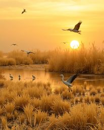 A surreal image in infrared tones showcasing an adorable and charming golden hour scene in the wetlands with herons flying. T