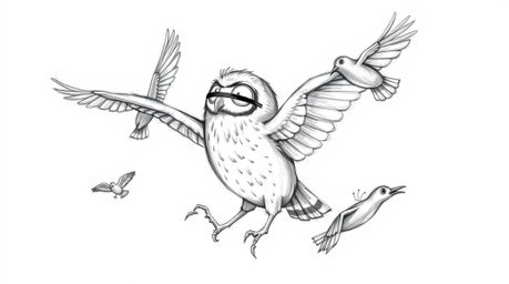 A captivating hand-drawn sketch in Pixar style depicts a blind owl, its form blurred with rough pencil strokes suggesting mot