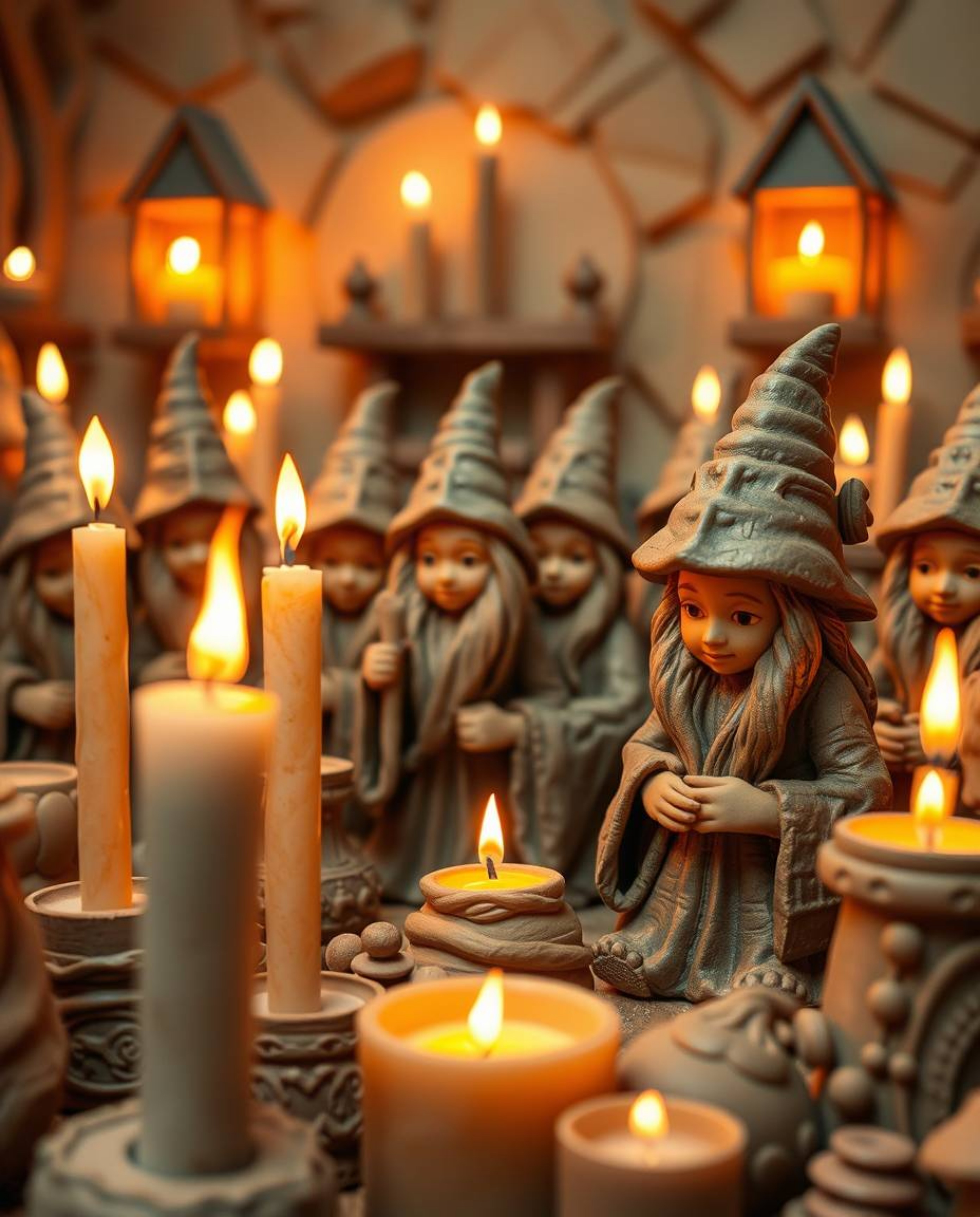 Discover a magical school brimming with young wizards, bathed in the warm glow of candlelight.  Imagine sculptural clay art, 