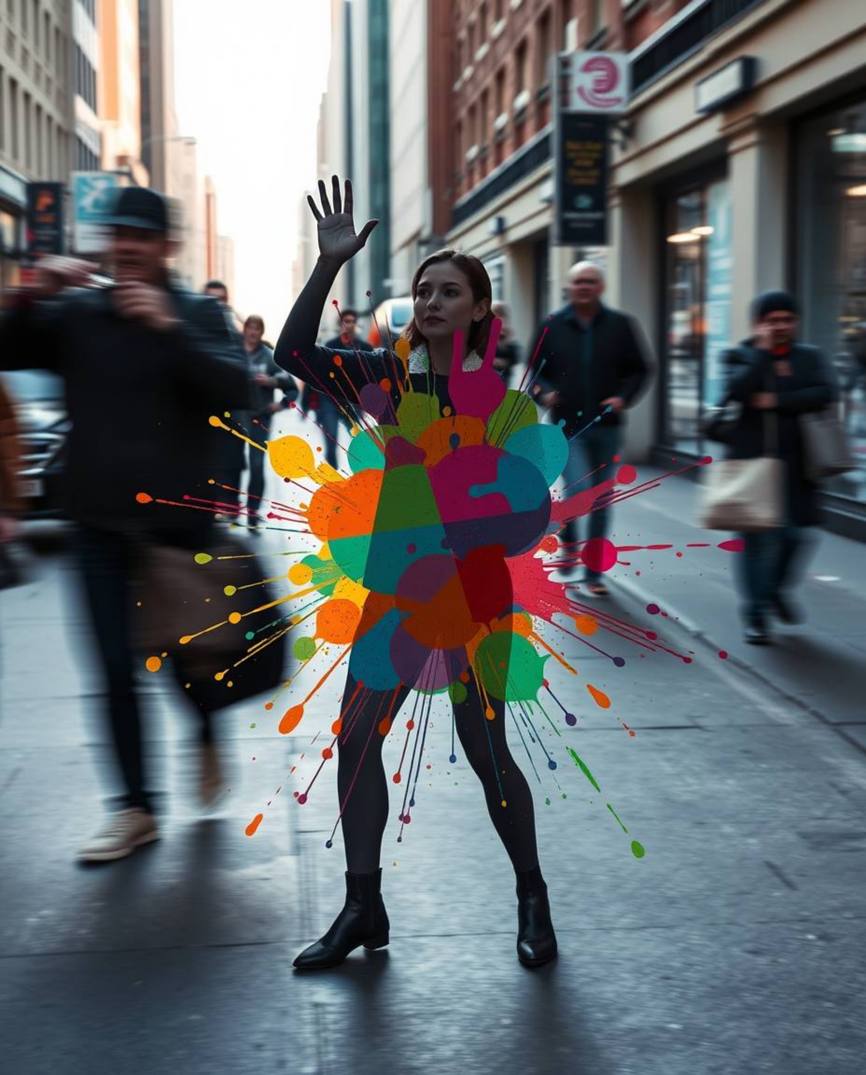 This series captures the essence of candid street photography, showcasing human silhouettes formed by vibrant and dynamic col