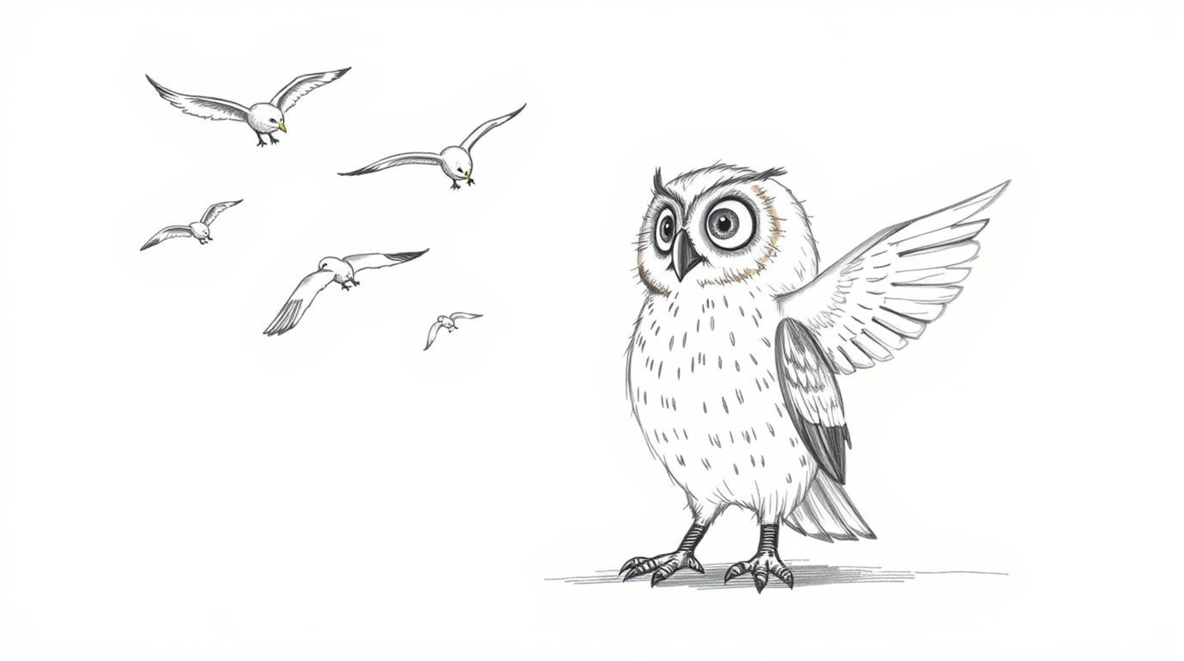 A heartwarming hand-drawn sketch in the style of Pixar depicts a wise, gentle blind owl patiently teaching a flock of birds t