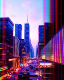 A captivating fine art photograph depicting a glitchy digital landscape featuring distorted skyscrapers and static noise.  Re