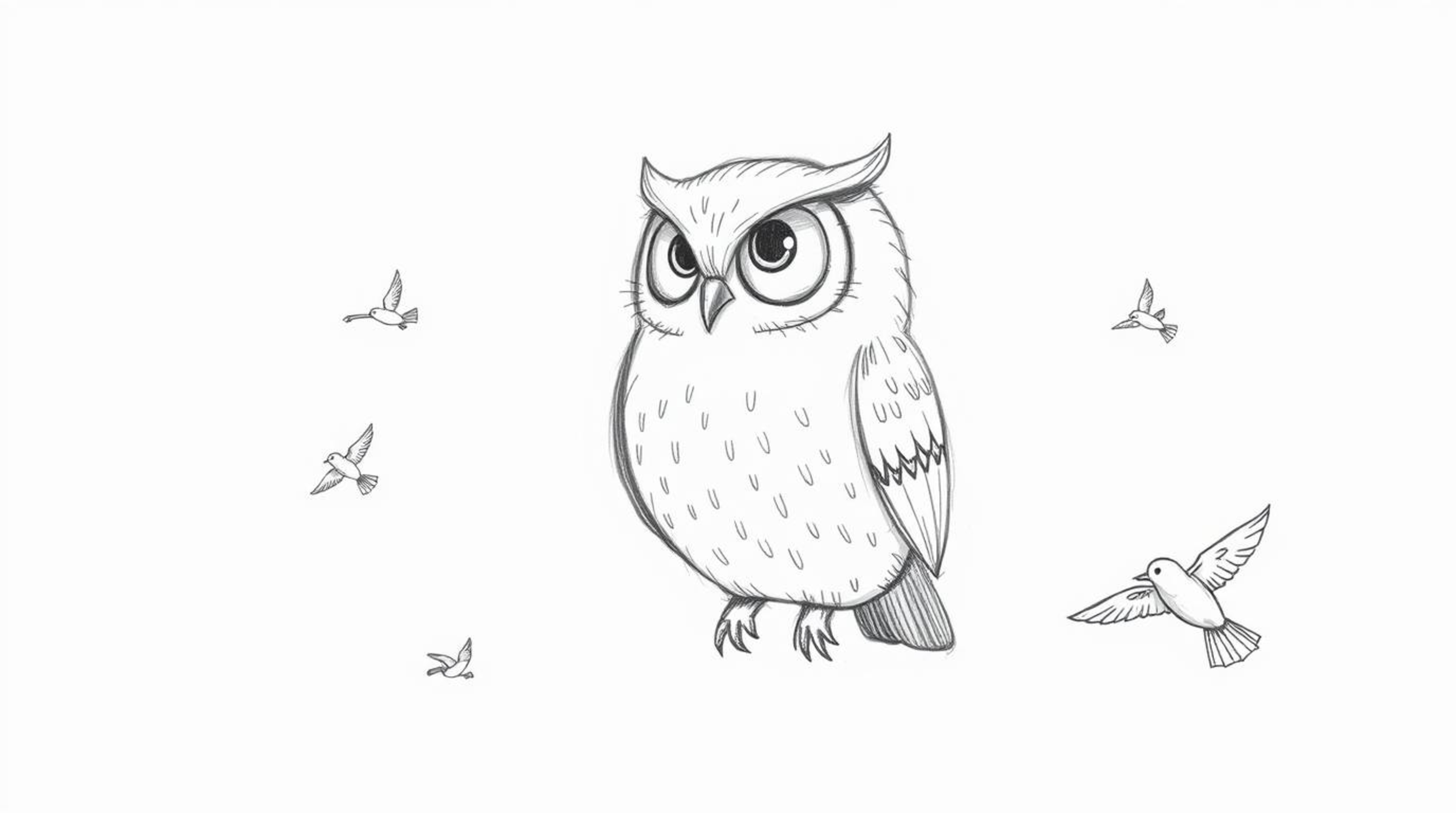 A hand-drawn sketch in the style of Pixar depicts a gentle, blind owl teaching small, dynamic birds to fly using smell, sound