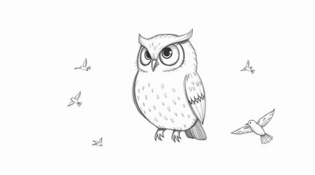 A hand-drawn sketch in the style of Pixar depicts a gentle, blind owl teaching small, dynamic birds to fly using smell, sound