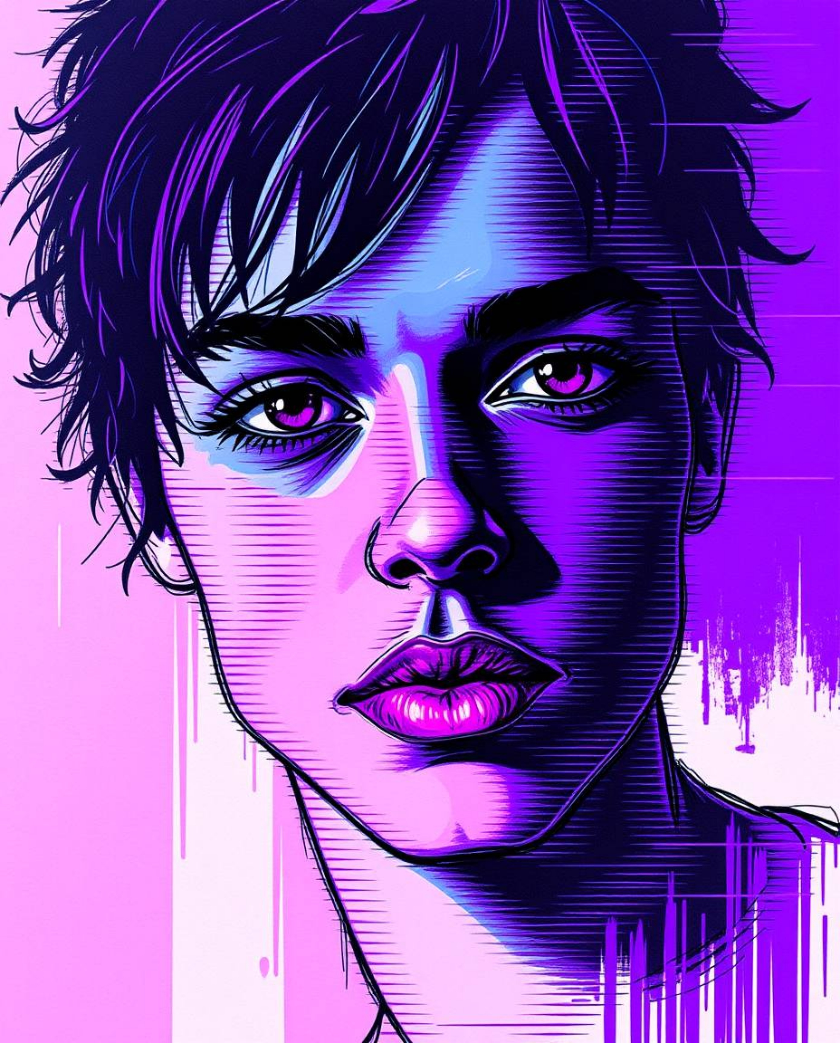 A captivating digital glitch art portrait, rendered in a hand-drawn sketch and color sketchnote style.  Featuring deep ultrav