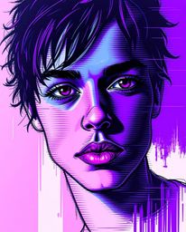 A captivating digital glitch art portrait, rendered in a hand-drawn sketch and color sketchnote style.  Featuring deep ultrav