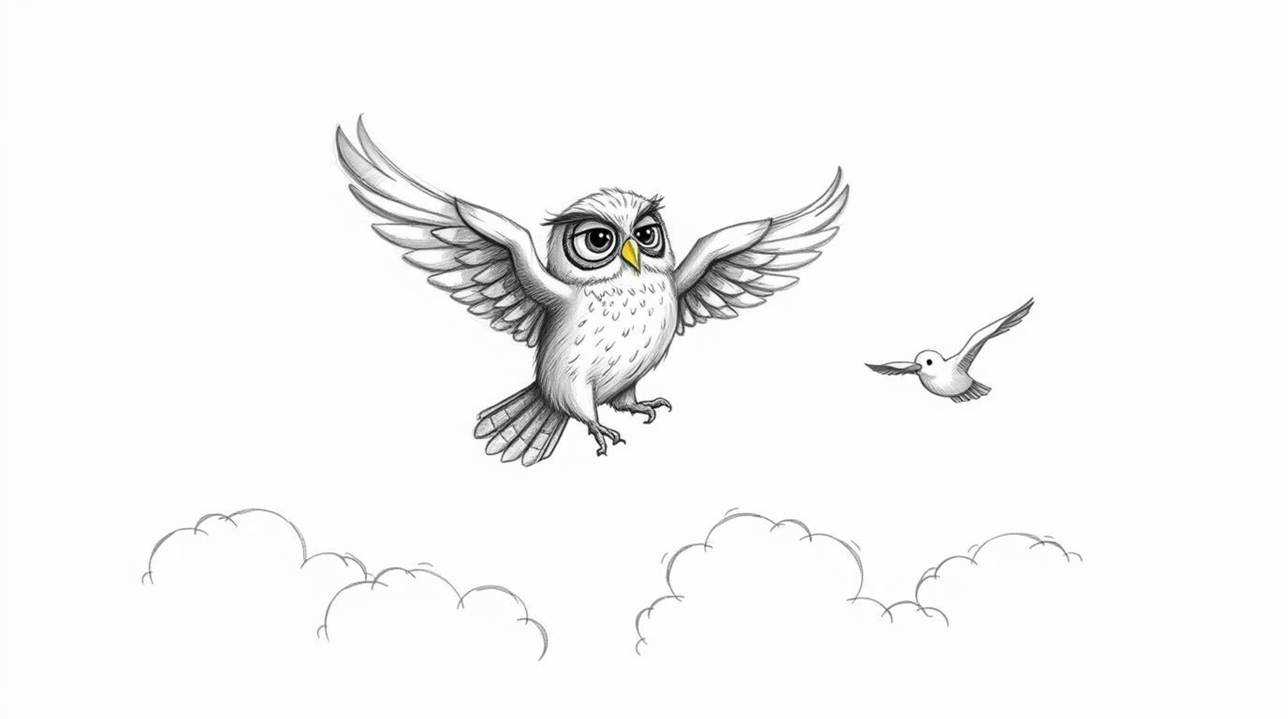 A heartwarming Pixar-style, hand-drawn sketch depicting a blind owl with rough pencil strokes, proudly guiding birds to fly a