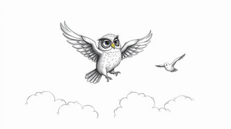 A heartwarming Pixar-style, hand-drawn sketch depicting a blind owl with rough pencil strokes, proudly guiding birds to fly a