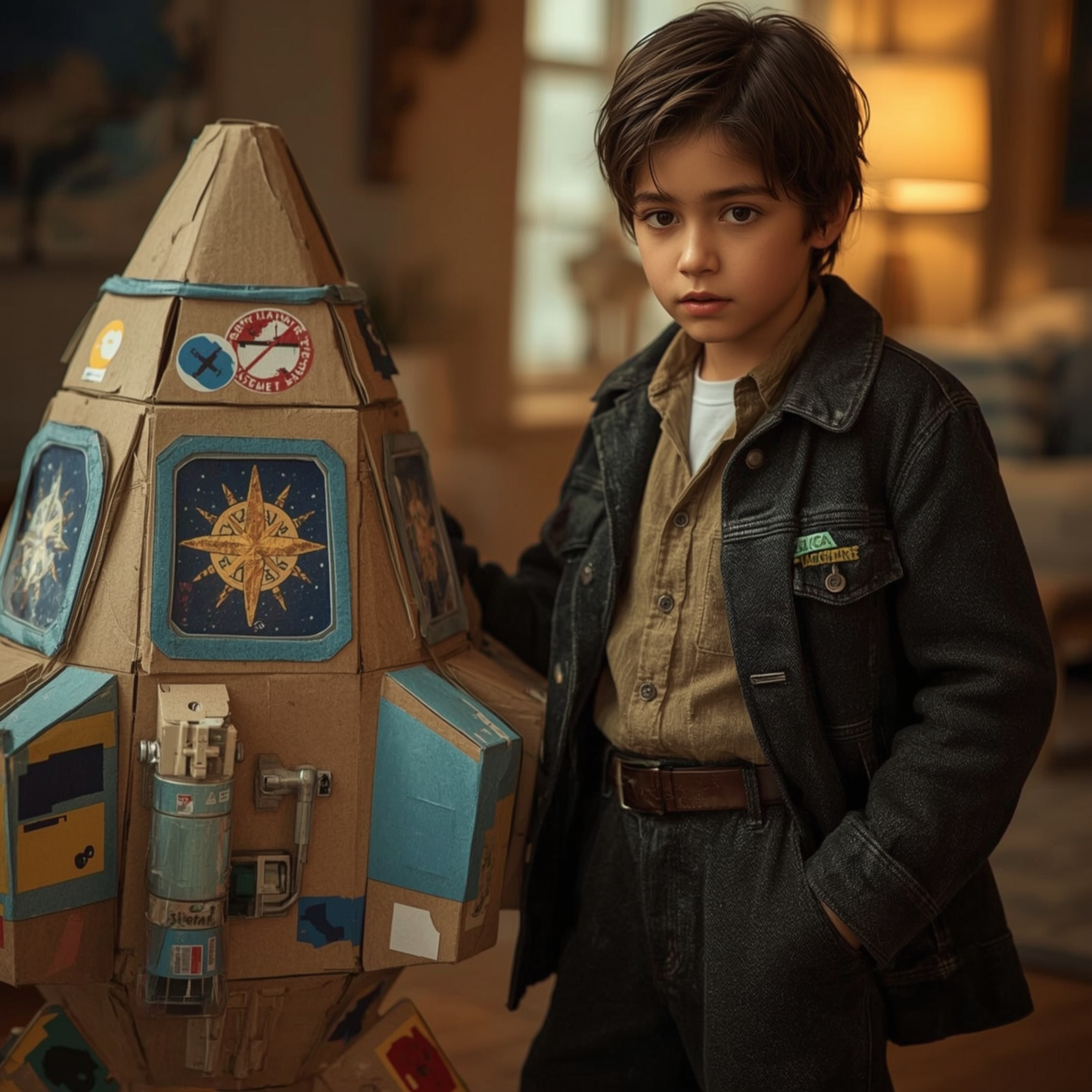 Exquisite high-fashion photography captures a young boy with a curious expression, confidently posing next to a meticulously