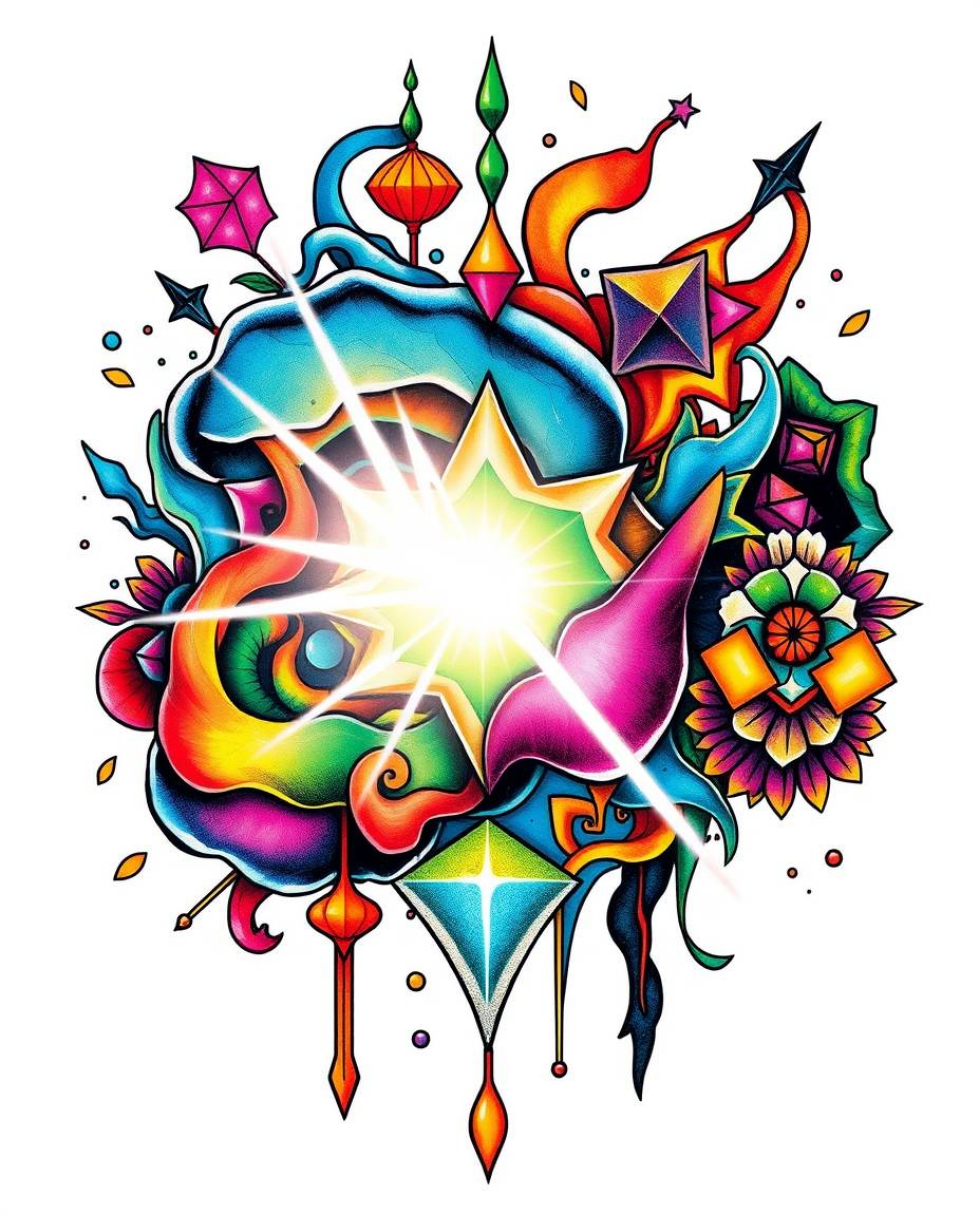 A vibrant and symbolic traditional tattoo art print showcasing colorful 3D fluid shapes seamlessly interacting with intricate