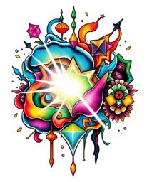 A vibrant and symbolic traditional tattoo art print showcasing colorful 3D fluid shapes seamlessly interacting with intricate