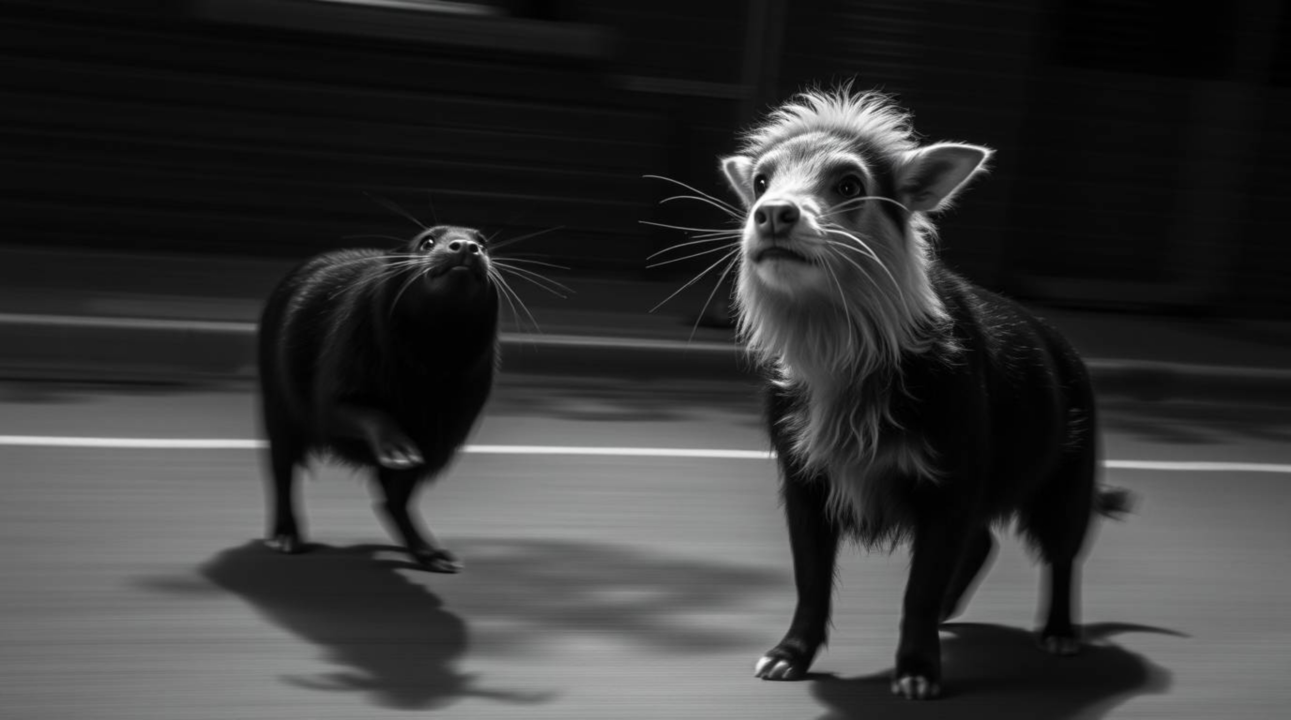 This captivating black and white long exposure photograph features a duo of talking animals engaging in mischievous activitie