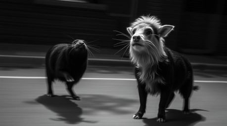This captivating black and white long exposure photograph features a duo of talking animals engaging in mischievous activitie