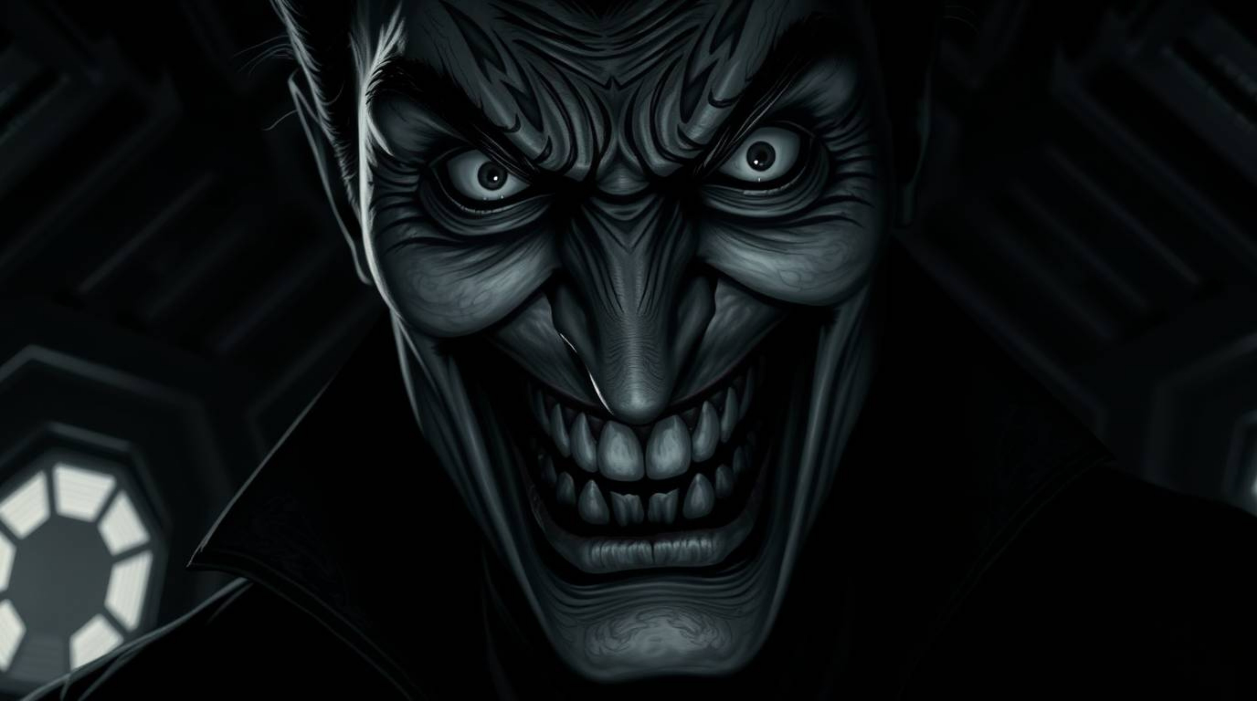 Explore a close-up of a villain's face in excruciating detail, showcasing a humorous expression of distress within a dark, hi