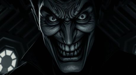 Explore a close-up of a villain's face in excruciating detail, showcasing a humorous expression of distress within a dark, hi