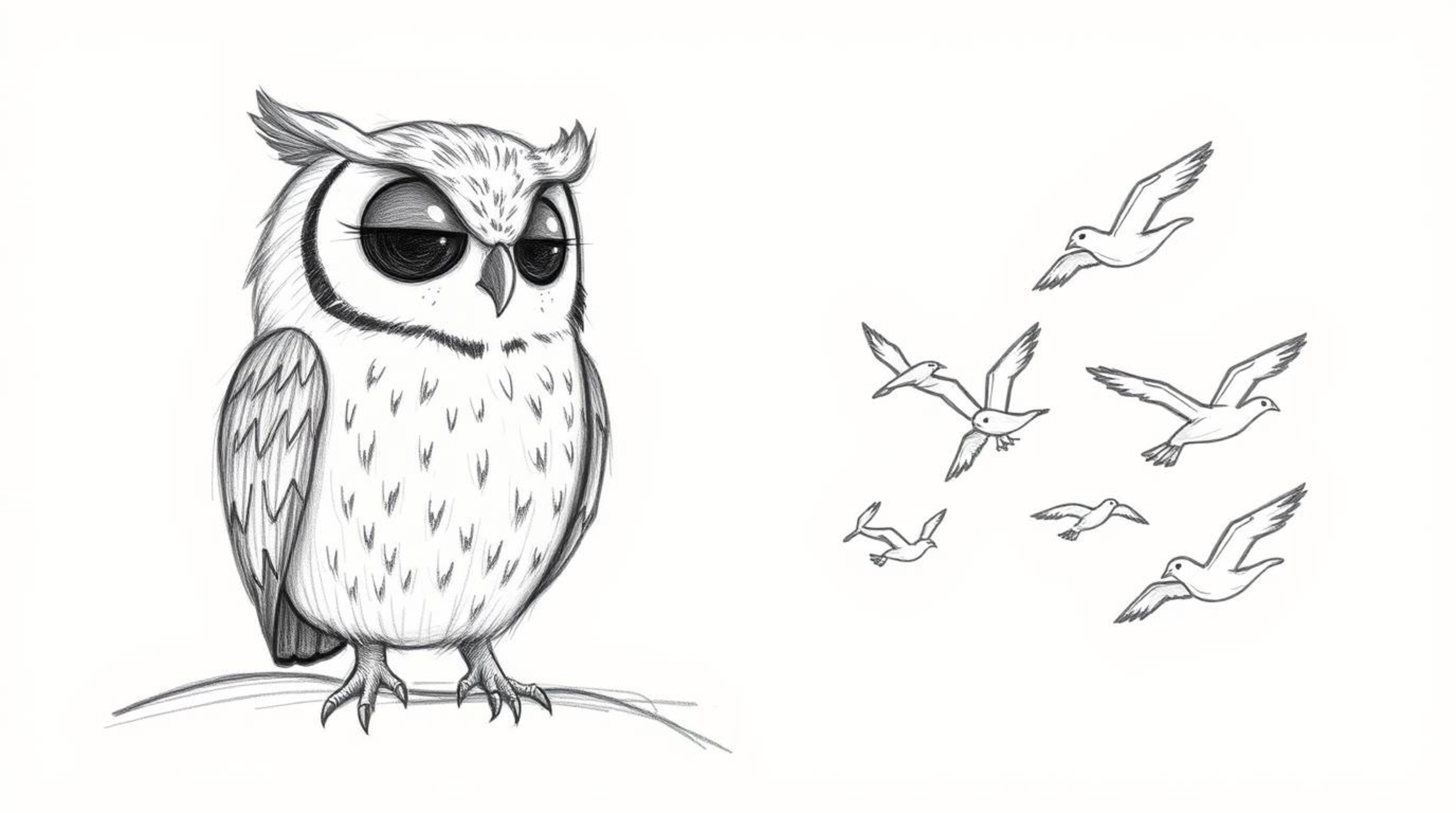 A charming, hand-drawn sketch depicts a blind owl, rendered with soft pencil strokes, patiently teaching intricate flight pat