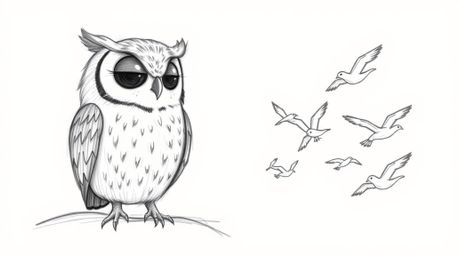 A charming, hand-drawn sketch depicts a blind owl, rendered with soft pencil strokes, patiently teaching intricate flight pat
