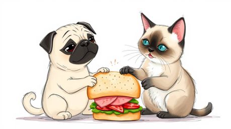A charming hand-drawn sketchnote depicts a pug and a Siamese cat engaged in a playful fight over a large sandwich. The soft, 