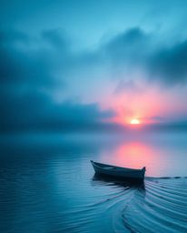 A boat drifts on a lake at sunset, enveloped in a palette of cool blues, greens, and purples. This color scheme creates a mys