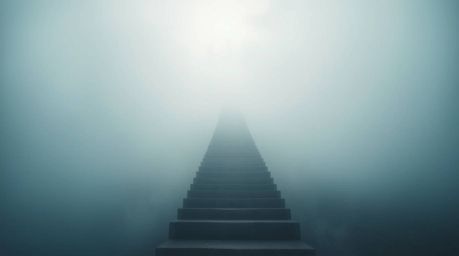 A surreal stairway winding through thick fog, split into distinct sections, leads towards a bright celestial light, symbolizi