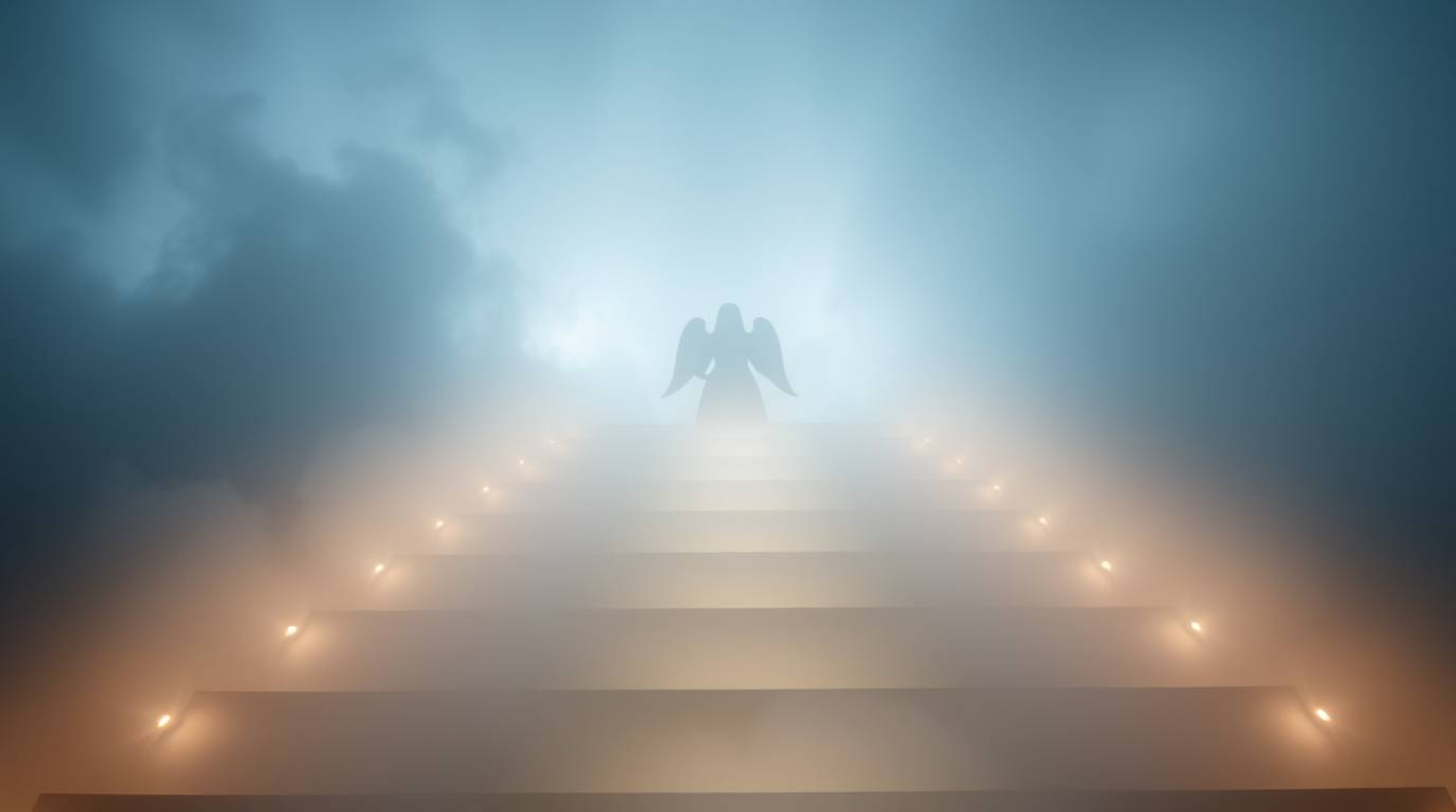A captivating low-angle photograph showcases luminous steps ascending into a cloudy sky, veiled in thick fog and low visibili