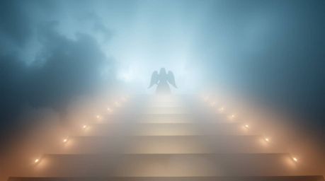 A captivating low-angle photograph showcases luminous steps ascending into a cloudy sky, veiled in thick fog and low visibili